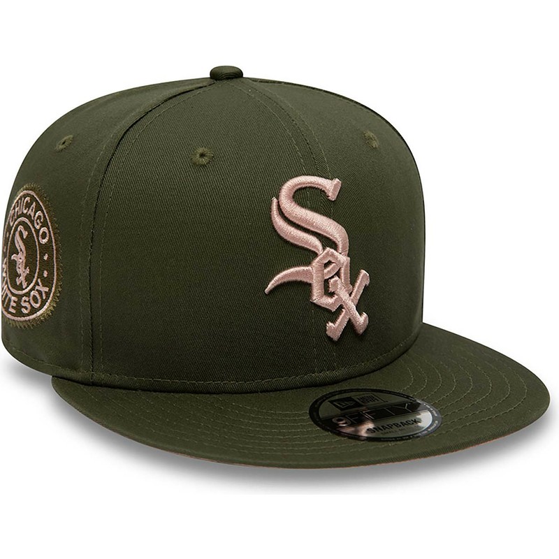 new-era-flat-brim-pink-logo-9fifty-side-patch-chicago-white-sox-mlb-green-snapback-cap