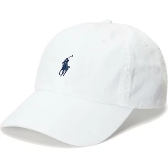 Καπέλο Polo Ralph Lauren με καμπυλωτό γείσο, μπλε λογότυπο, από βαμβακερό χινο, κλασικό αθλητικό στυλ, λευκό, με ρυθμιζόμενο κού