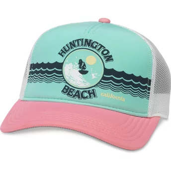 Αμερικανικό Βελόνι Huntington Beach California Riptide Valin Πράσινο, Λευκό και Ροζ Snapback Καπέλο Οδηγού Φορτηγού