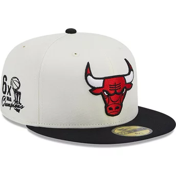 Νέα Εποχή Επίπεδη Μπριμ 59FIFTY Πρωταθλήματα Chicago Bulls NBA Λευκό και Μαύρο Προσαρμοσμένο Καπέλο