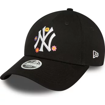 Μαύρο ρυθμιζόμενο γυναικείο καπέλο με καμπυλωτό γείσο 9FORTY Flower των New York Yankees MLB από την New Era