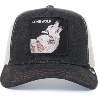 Μαύρο και λευκό τράκερ καπέλο με λύκο Ο Μοναχικός Λύκος The Farm από τη Goorin Bros.