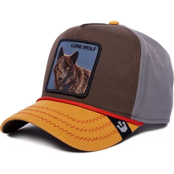 Καφέ, γκρι και πορτοκαλί καπέλο snapback με καμπυλωτό γείσο με λύκο Lone Wolf 100 The Farm All Over Canvas από την Goorin Bros.
