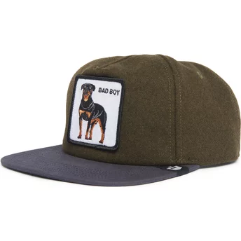 Πράσινο και μπλε επίπεδο καπέλο snapback με σκύλο rottweiler Bad Boy Top Dog της φάρμας Flats από τον Goorin Bros.
