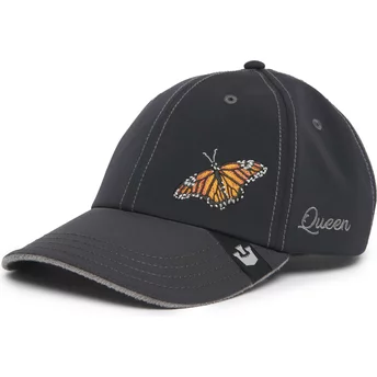Μαύρο καπέλο με καμπυλωτό γείσο και ρυθμιζόμενο μέγεθος, με σχέδιο πεταλούδας, με τον τίτλο Long Live The Queen The Farm Lady B