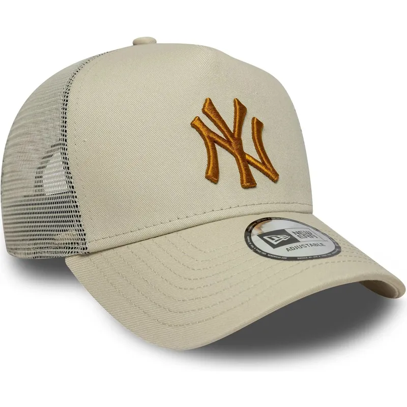 gorra-trucker-beige-con-logo-marron-a-frame-league-essential-de-new-york-yankees-mlb-de-new-era