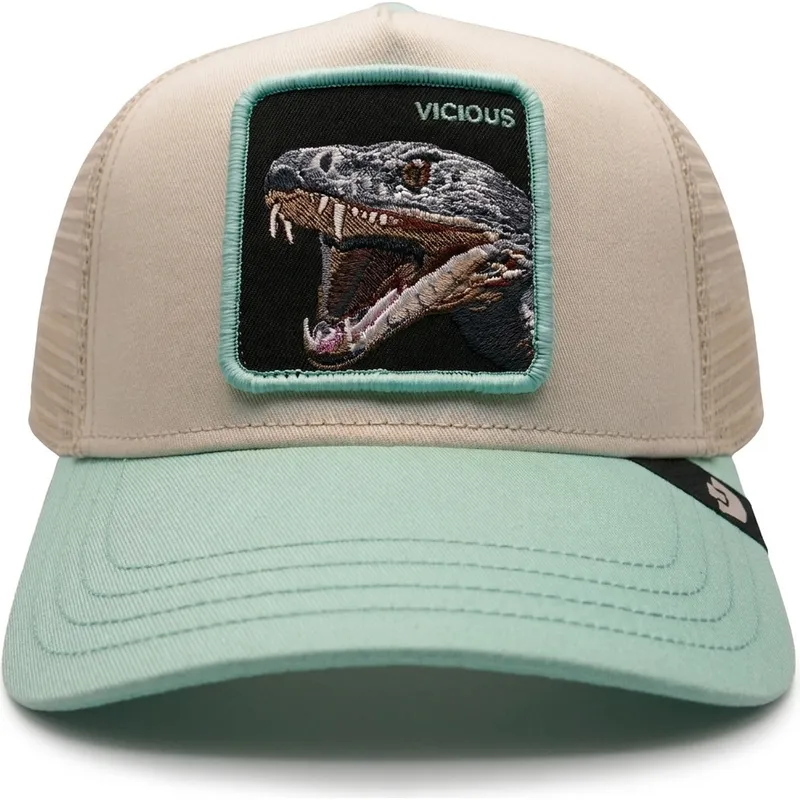 gorra-trucker-beige-y-verde-serpiente-gummy-vicious-the-farm-de-goorin-bros