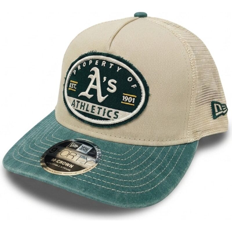 gorra-trucker-beige-y-verde-9forty-m-crown-a-frame-fray-de-oakland-athletics-mlb-de-new-era